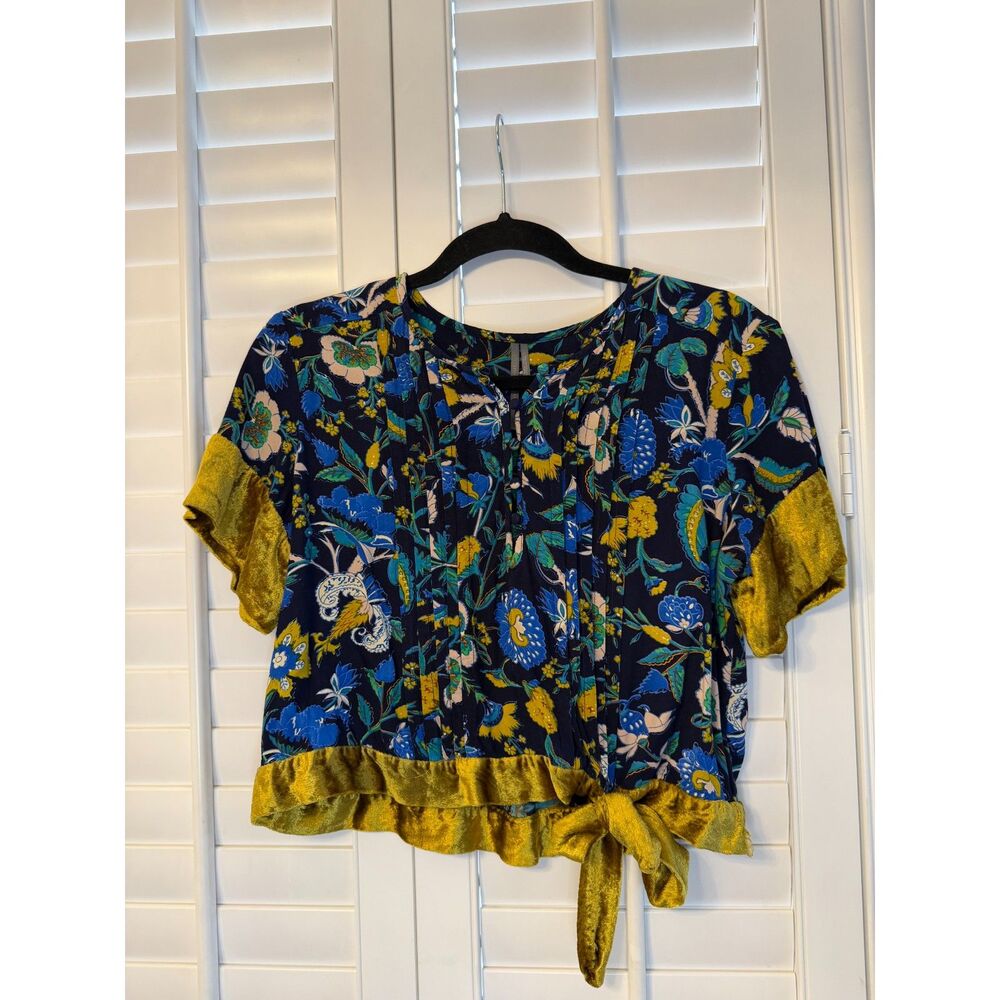 Anthropologie Navy Floral Print Top with Mustard Velvet Trim - MP